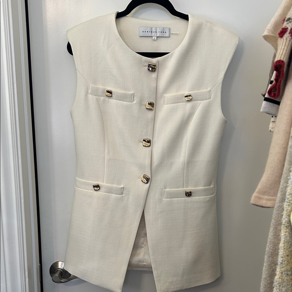 Endless Rose Cream Sleeveless Tailored long Vest with Gold Buttons